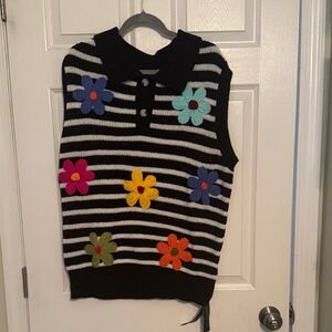 Striped Sleeveless Sweater with Floral Accents